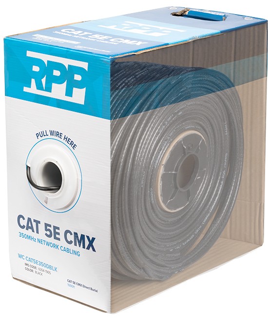 CAT 5E U/UTP 350MHz Solid CMX Direct Burial Cable, 1000 FT Pull Box